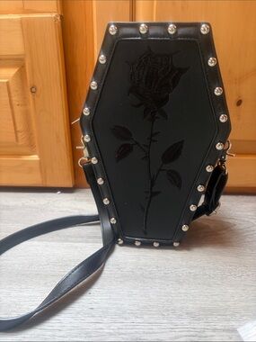 Black Coffin Crossbody Bag with Embossed Rose and Silver Studs
